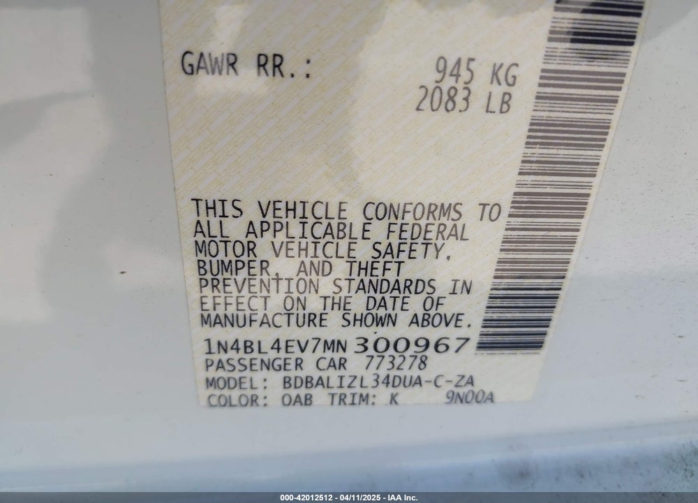 2021 NISSAN ALTIMA SL FWD VIN: 1N4BL4EV7MN300967
