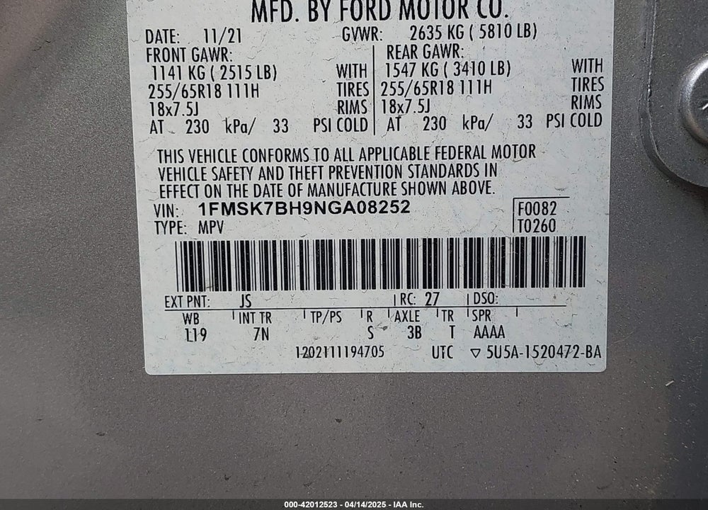 2022 FORD EXPLORER VIN: 1FMSK7BH9NGA08252