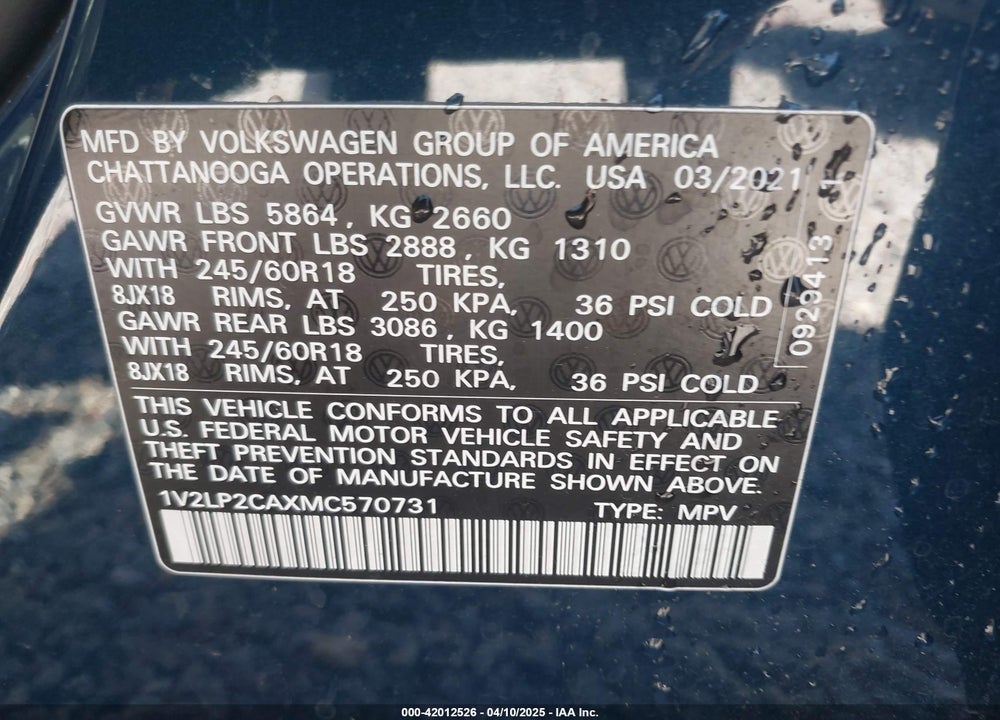 2021 VOLKSWAGEN ATLAS 2.0T SE VIN: 1V2LP2CAXMC570731