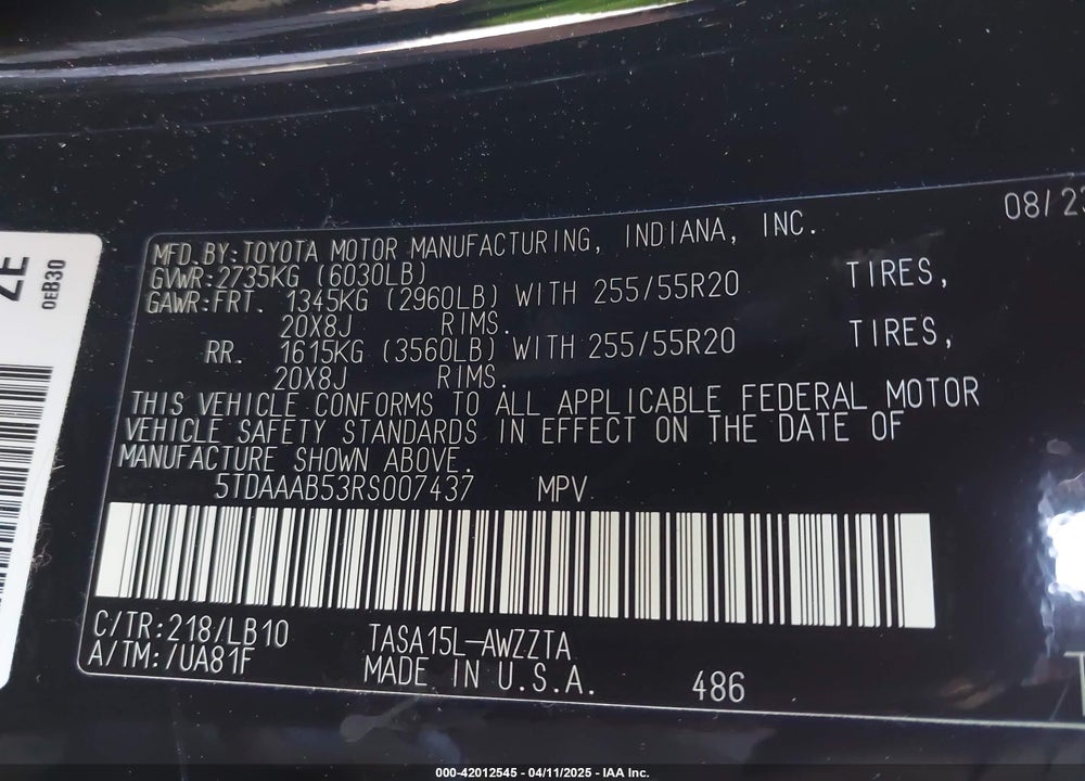 2024 TOYOTA GRAND HIGHLANDER PLATINUM VIN: 5TDAAAB53RS007437