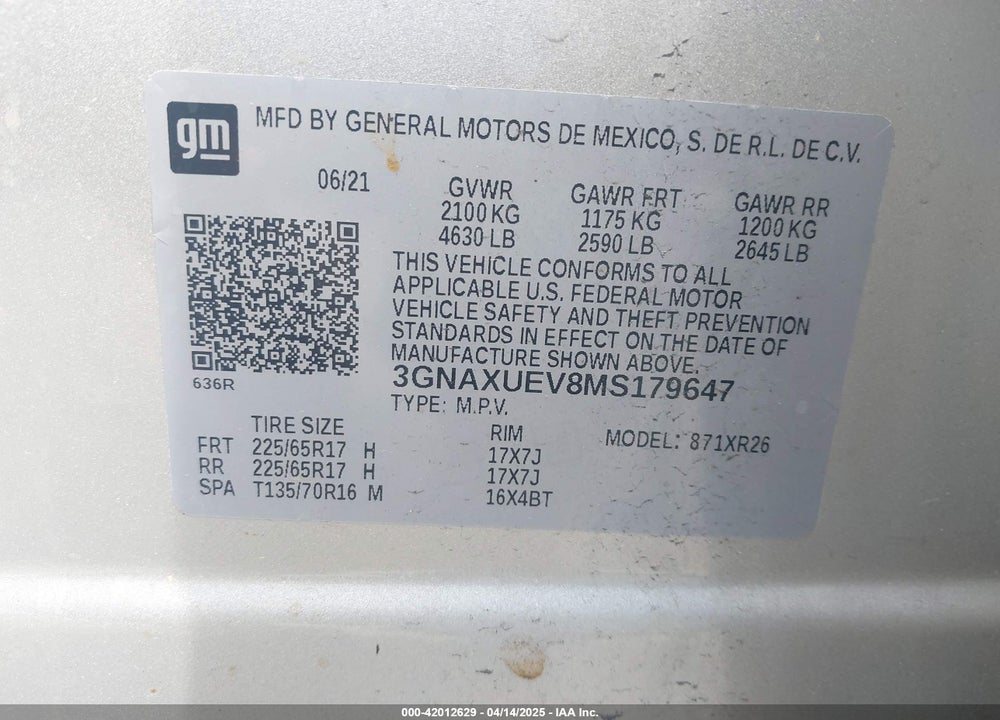 2021 CHEVROLET EQUINOX AWD LT VIN: 3GNAXUEV8MS179647