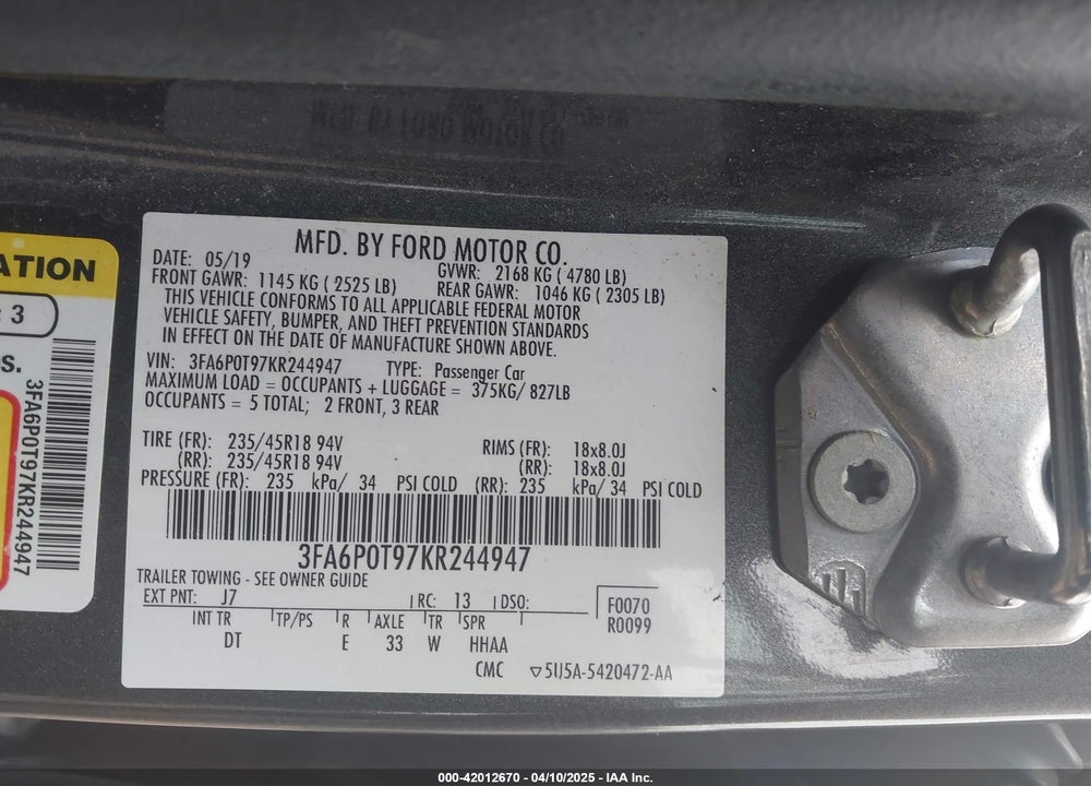 2019 FORD FUSION SE VIN: 3FA6P0T97KR244947