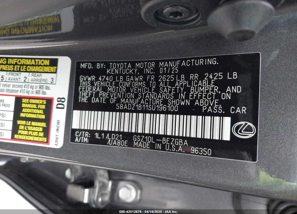 2025 LEXUS ES350 VIN: 58ADZ1B11SU196100