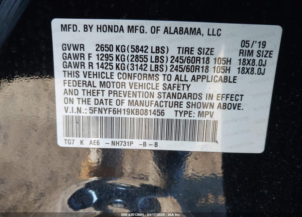 2019 HONDA PILOT VIN: 5FNYF6H19KB081456