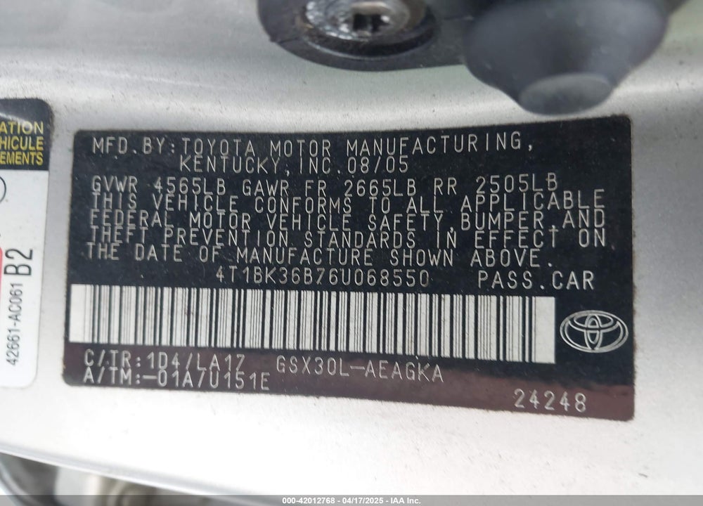 2006 TOYOTA AVALON VIN: 4T1BK36B76U068550