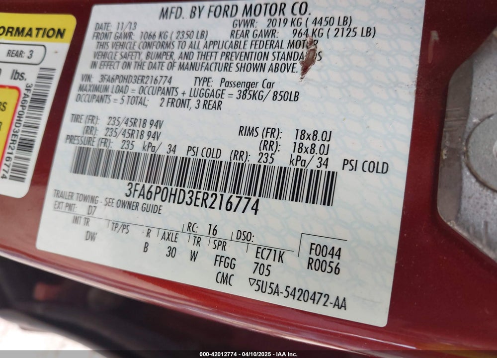 2014 FORD FUSION VIN: 3FA6P0HD3ER216774