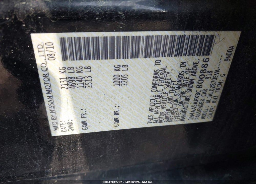 2011 NISSAN MAXIMA VIN: 1N4AA5APXBC800886
