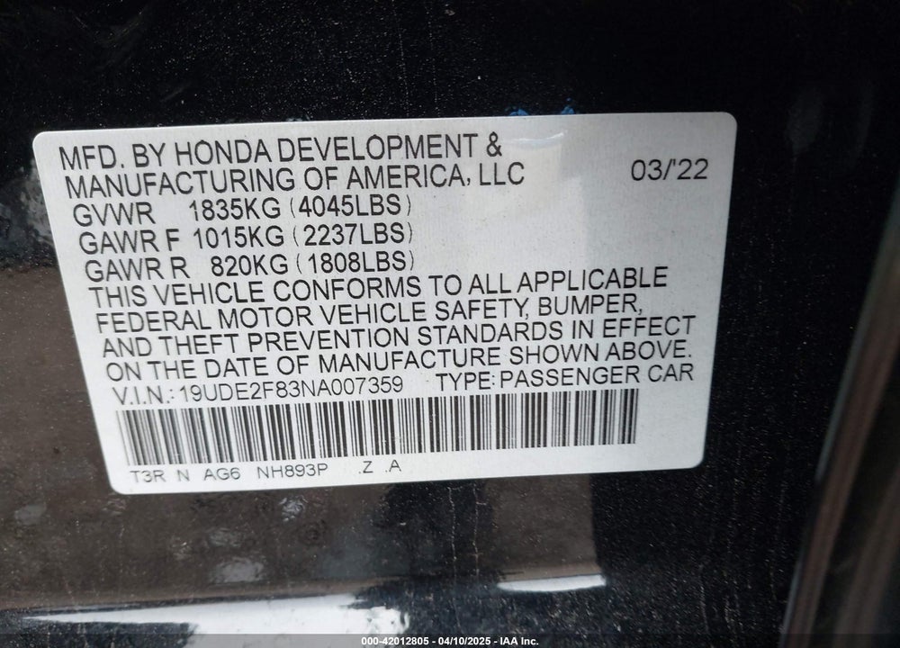2022 ACURA ILX VIN: 19UDE2F83NA007359