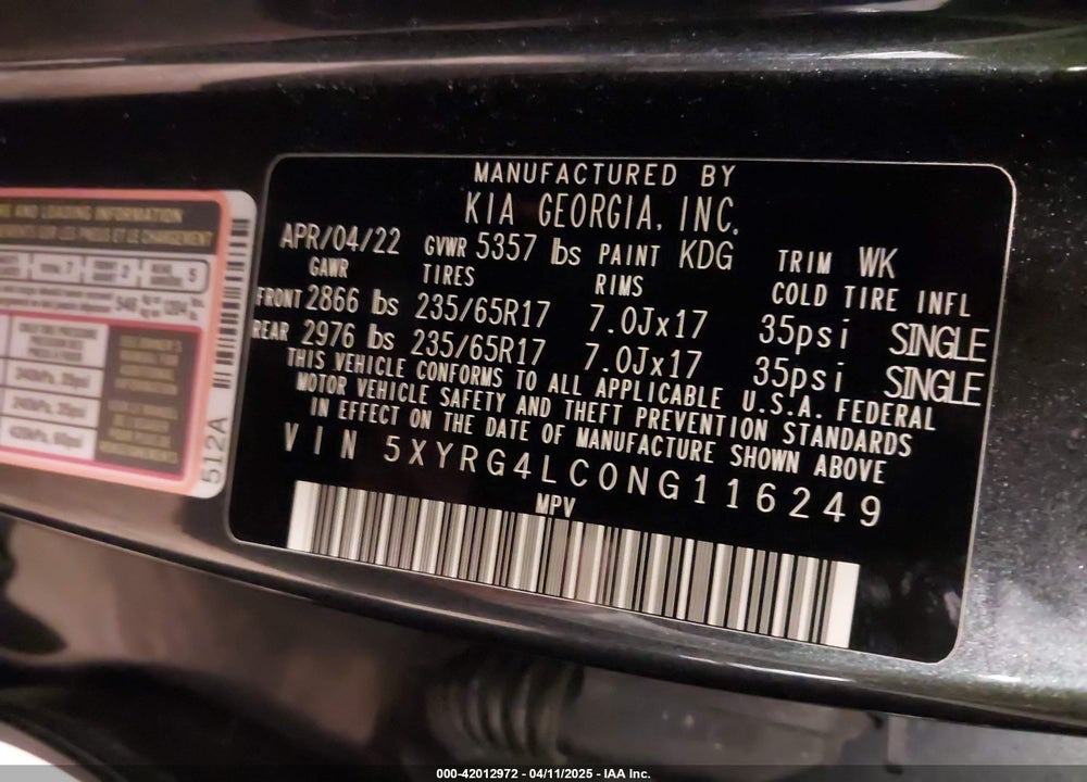 2022 KIA SORENTO LX VIN: 5XYRG4LC0NG116249