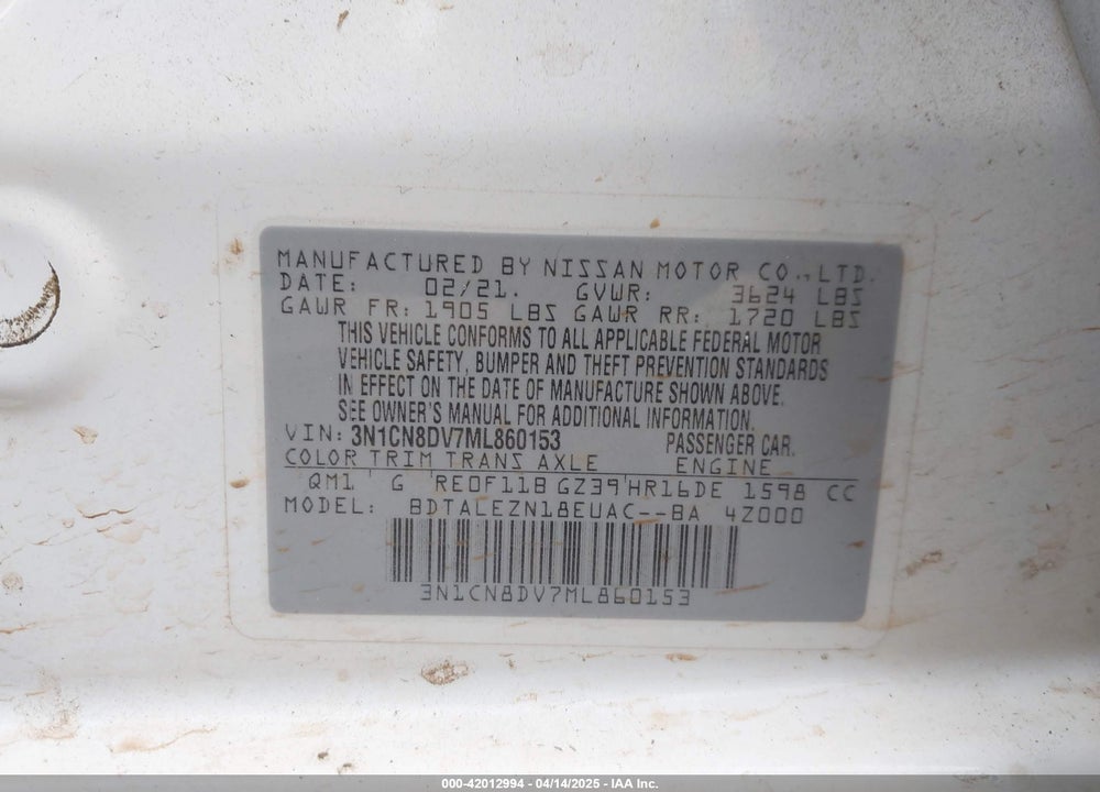 2021 NISSAN VERSA VIN: 3N1CN8DV7ML860153