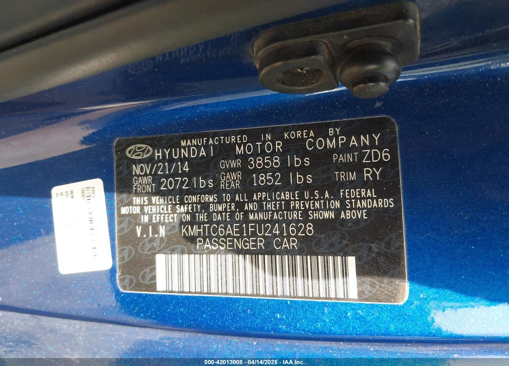 2015 HYUNDAI VELOSTER VIN: KMHTC6AE1FU241628