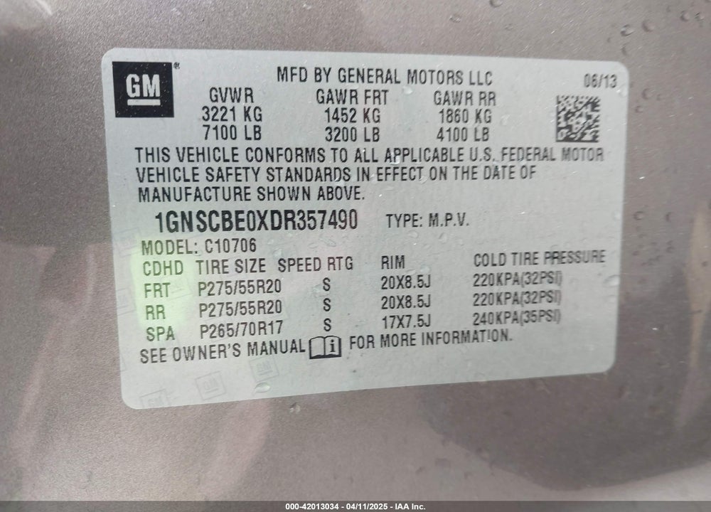 2013 CHEVROLET TAHOE LT VIN: 1GNSCBE0XDR357490