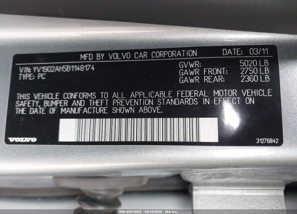 2011 VOLVO S80 VIN: YV1902AH5B1148174