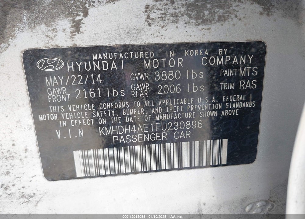 2015 HYUNDAI ELANTRA VIN: KMHDH4AE1FU230896