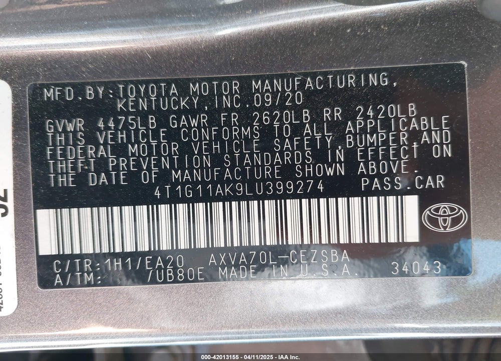 2020 TOYOTA CAMRY VIN: 4T1G11AK9LU399274