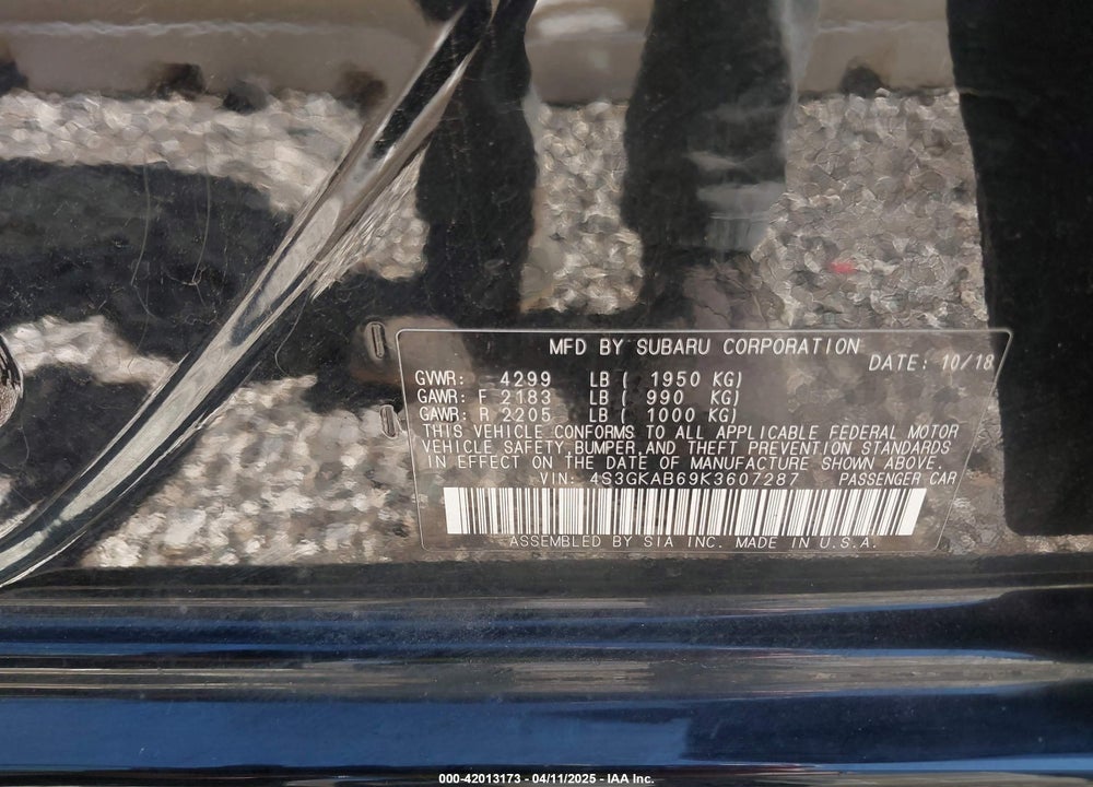 2019 SUBARU IMPREZA VIN: 4S3GKAB69K3607287