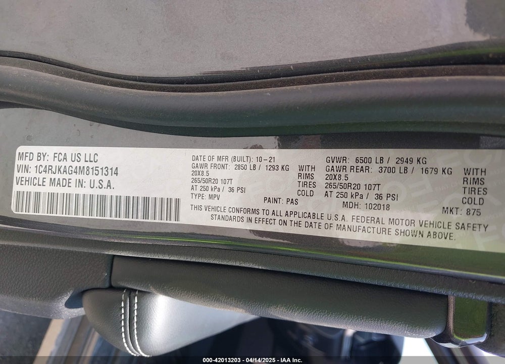 2021 JEEP GRAND CHEROKEE VIN: 1C4RJKAG4M8151314