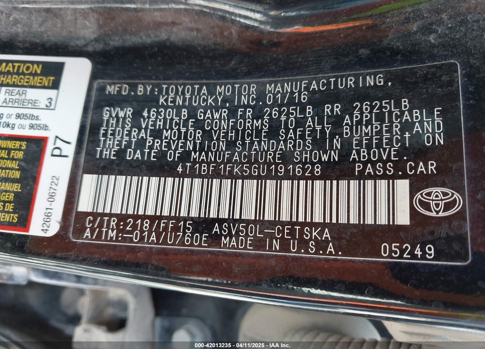 2016 TOYOTA CAMRY SE VIN: 4T1BF1FK5GU191628