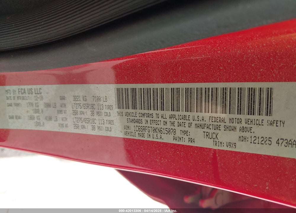 2019 RAM 1500 VIN: 1C6SRFGT0KN615078