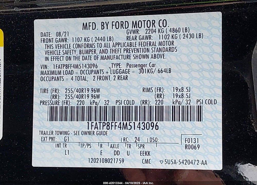 2021 FORD MUSTANG VIN: 1FATP8FF4M5143096