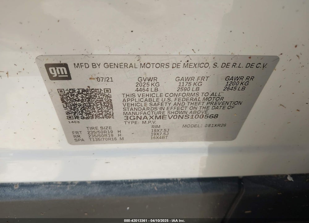 2022 CHEVROLET EQUINOX FWD RS VIN: 3GNAXMEV0NS100568