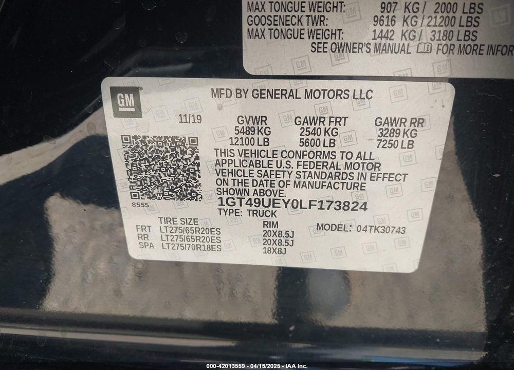 2020 GMC SIERRA 3500HD 4WD  STANDARD BED SLT VIN: 1GT49UEY0LF173824