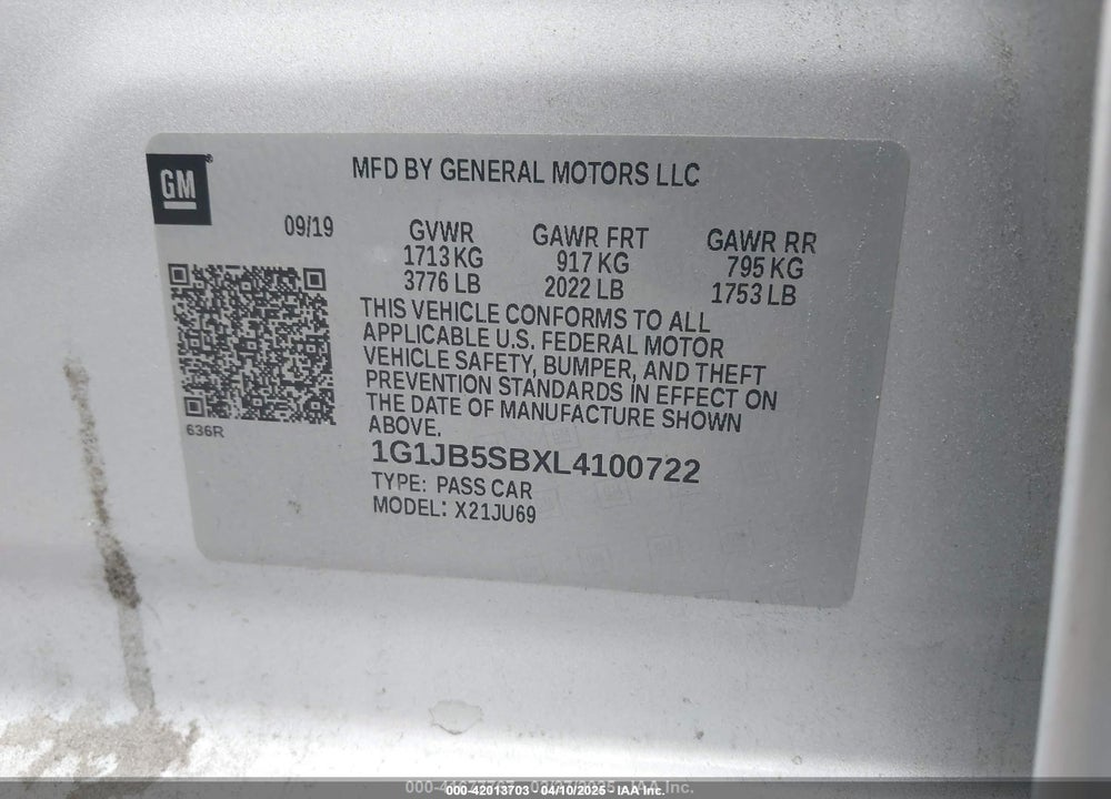 2020 CHEVROLET SONIC VIN: 1G1JB5SBXL4100722
