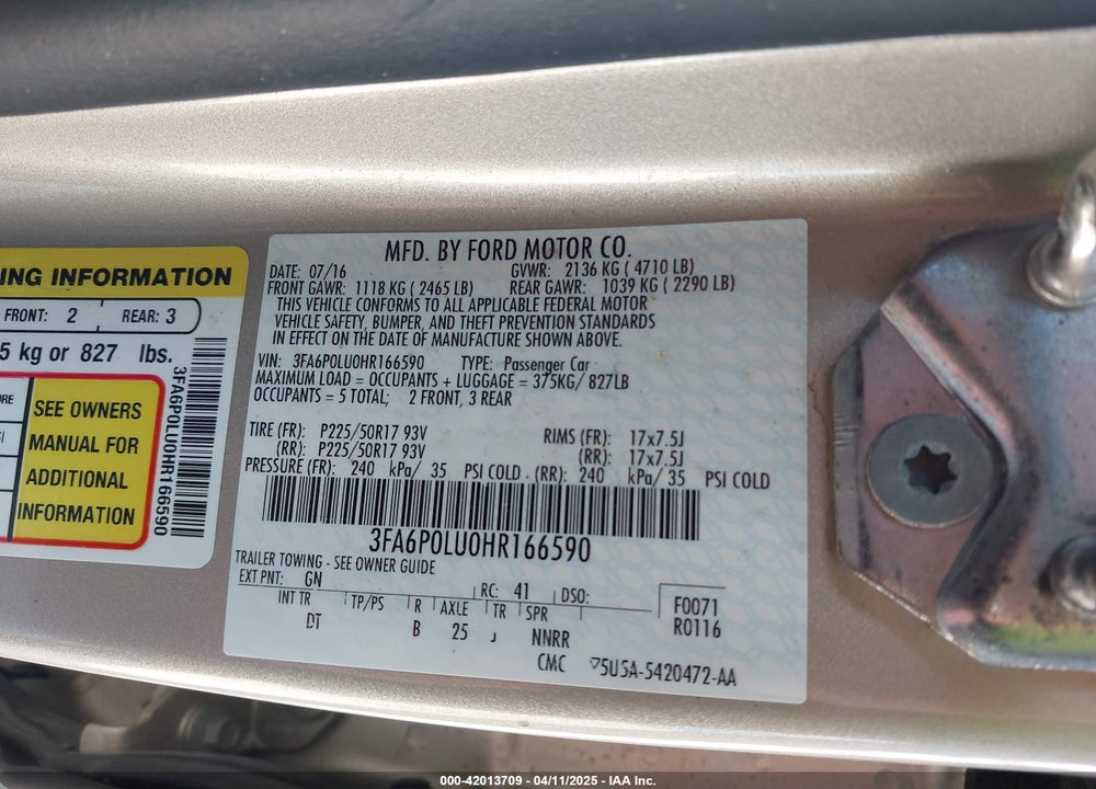 2017 FORD FUSION VIN: 3FA6P0LU0HR166590
