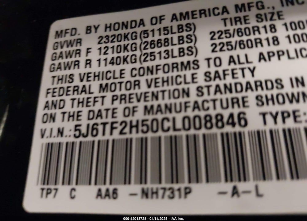 2012 HONDA CROSSTOUR VIN: 5J6TF2H50CL008846
