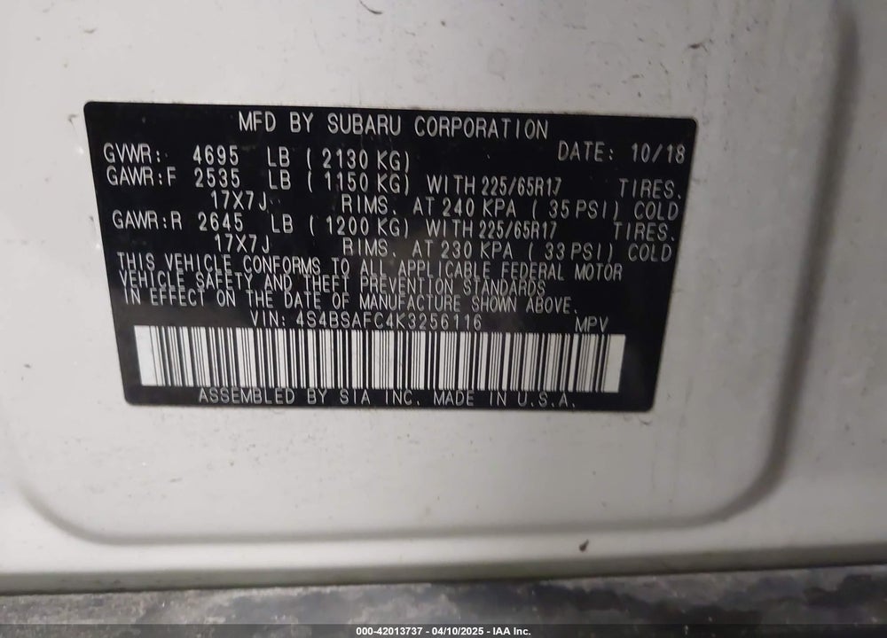2019 SUBARU OUTBACK VIN: 4S4BSAFC4K3256116
