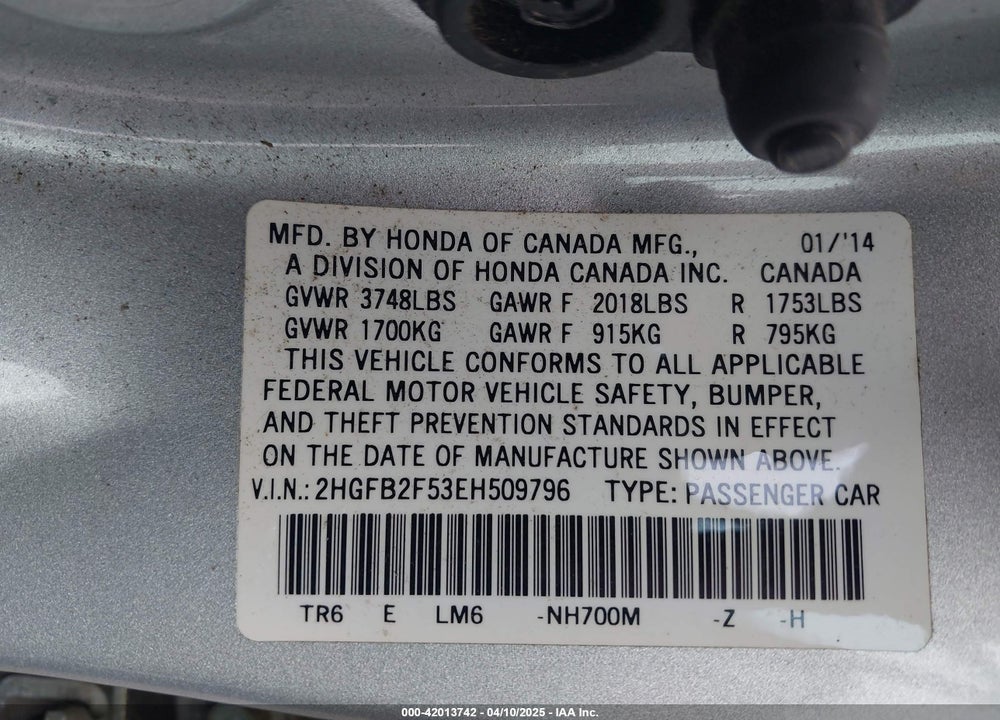 2014 HONDA CIVIC VIN: 2HGFB2F53EH509796