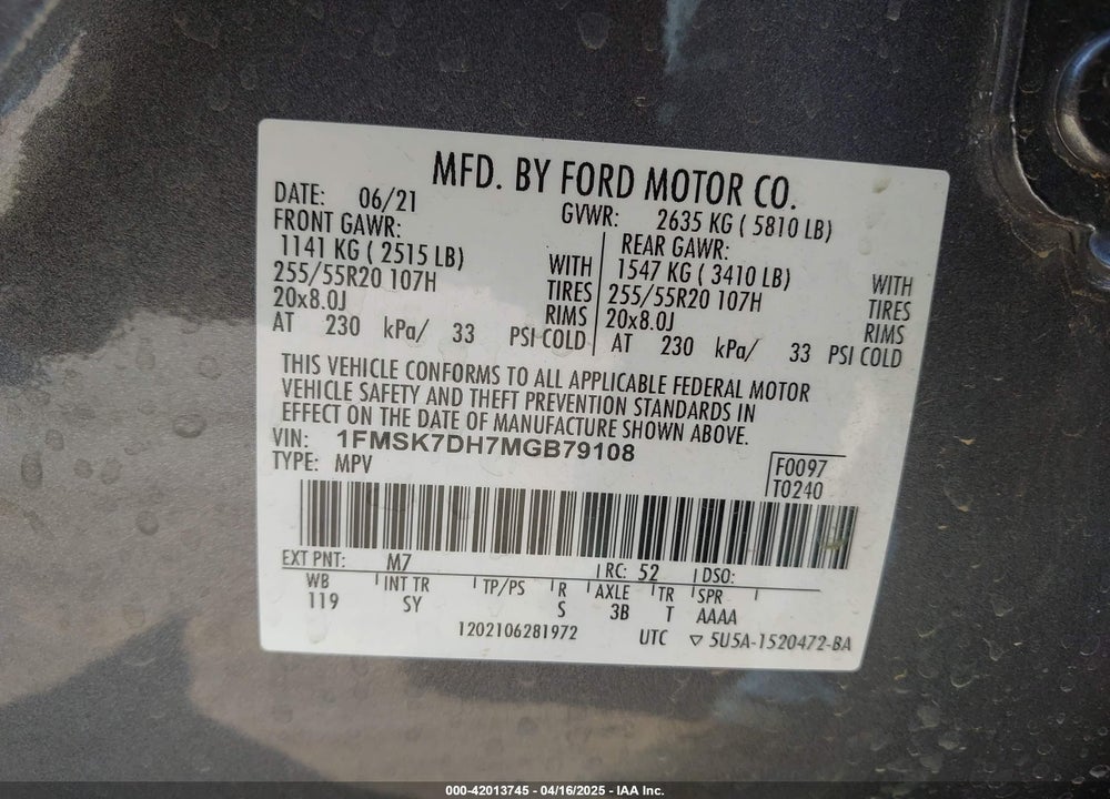 2021 FORD EXPLORER XLT VIN: 1FMSK7DH7MGB79108