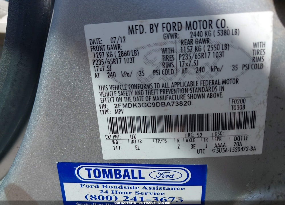 2013 FORD EDGE SE VIN: 2FMDK3GC9DBA73820