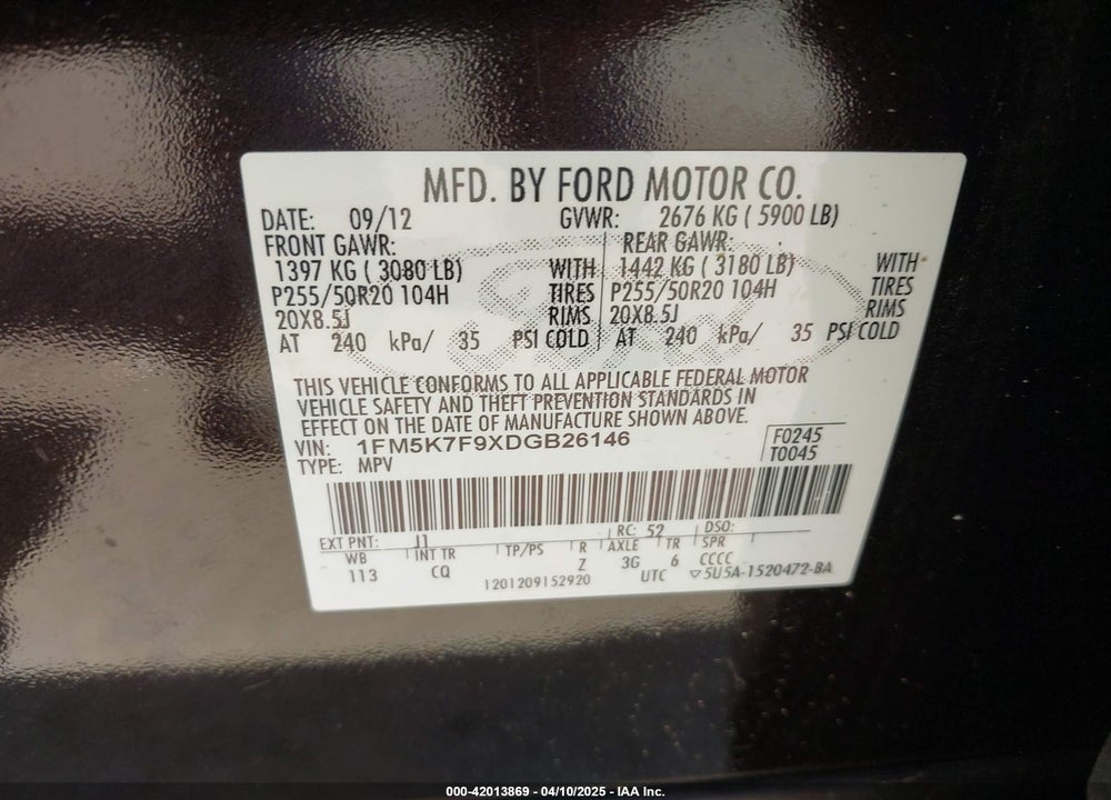 2013 FORD EXPLORER LIMITED VIN: 1FM5K7F9XDGB26146