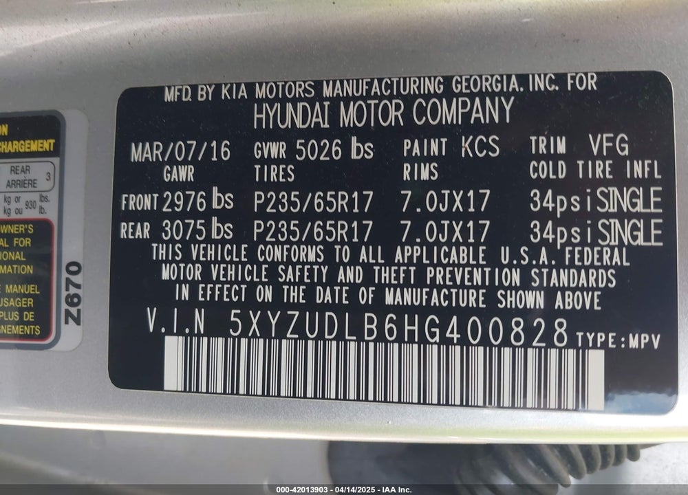 2017 HYUNDAI SANTA FE SPORT VIN: 5XYZUDLB6HG400828