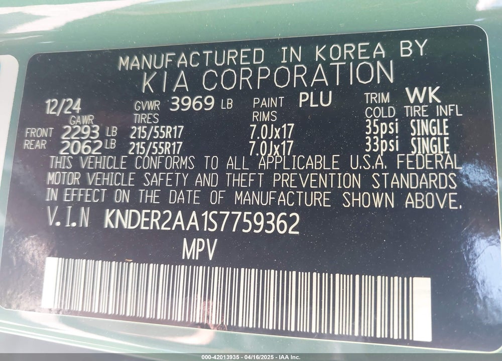 2025 KIA SELTOS EX VIN: KNDER2AA1S7759362
