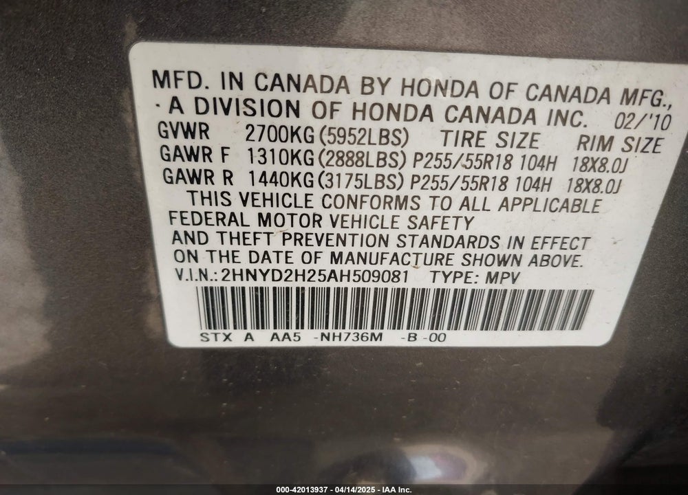 2010 ACURA MDX VIN: 2HNYD2H25AH509081