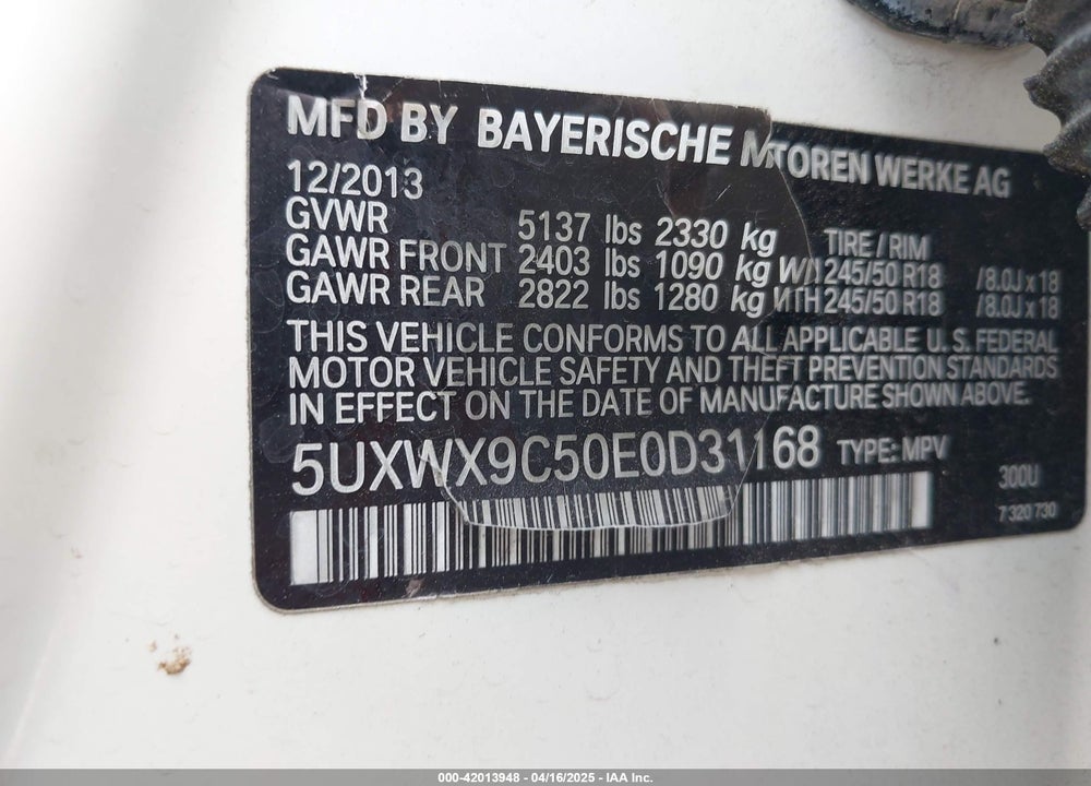 2014 BMW X3 VIN: 5UXWX9C50E0D31168