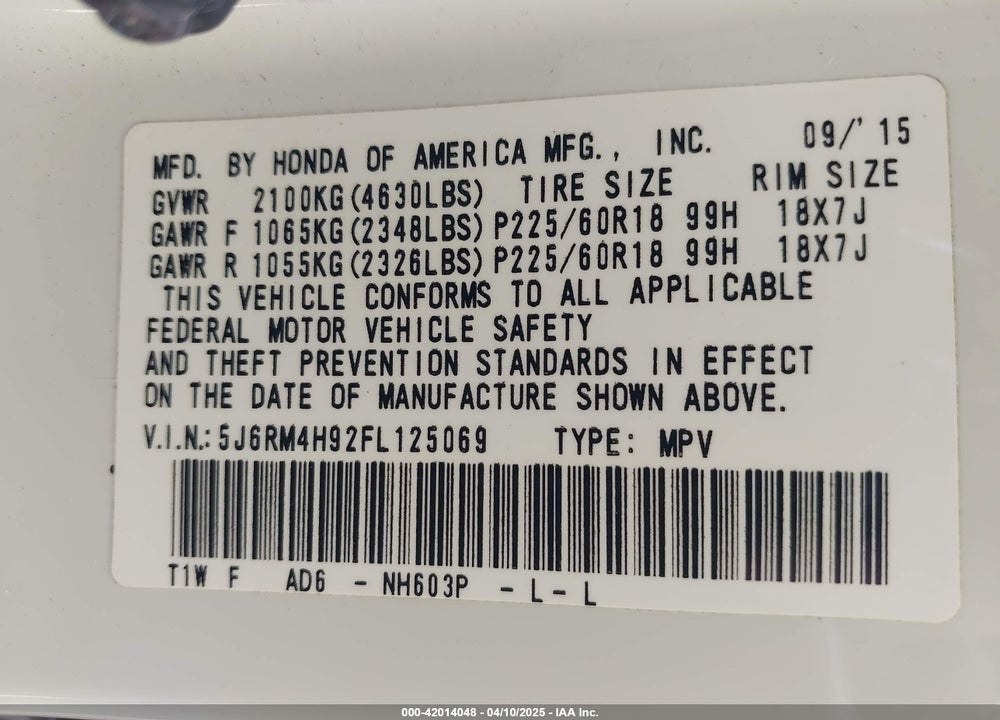2015 HONDA CR-V VIN: 5J6RM4H92FL125069