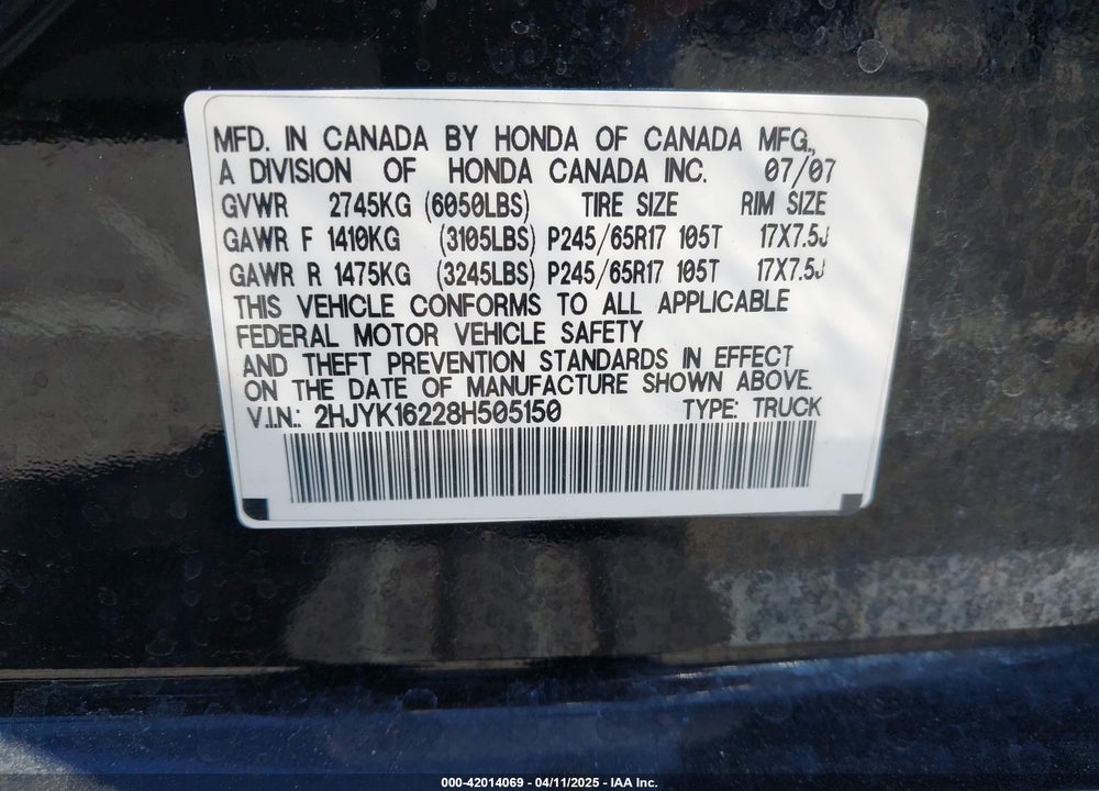 2008 HONDA RIDGELINE RT VIN: 2HJYK16228H505150