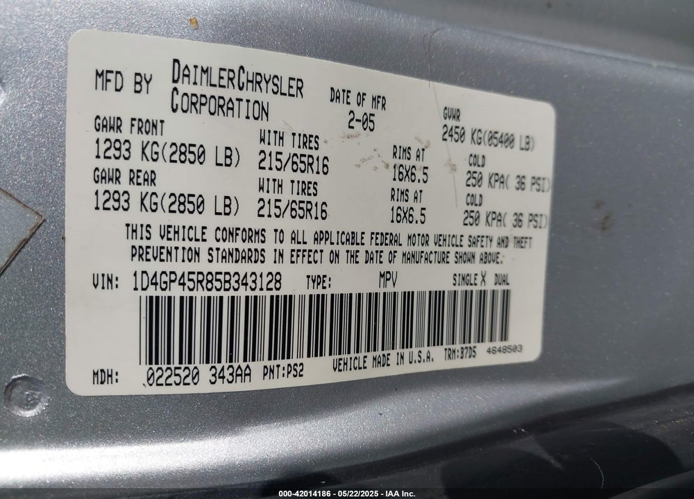 2005 DODGE CARAVAN SXT VIN: 1D4GP45R85B343128