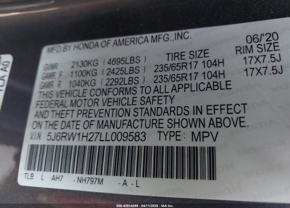2020 HONDA CR-V 2WD LX VIN: 5J6RW1H27LL009583