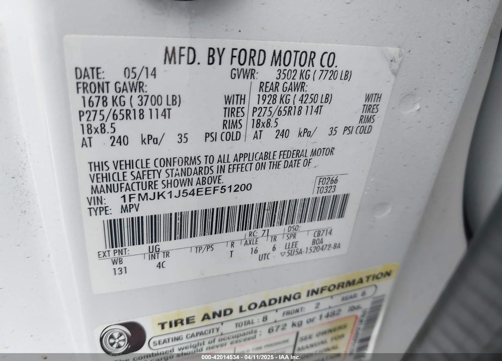 2014 FORD EXPEDITION EL VIN: 1FMJK1J54EEF51200