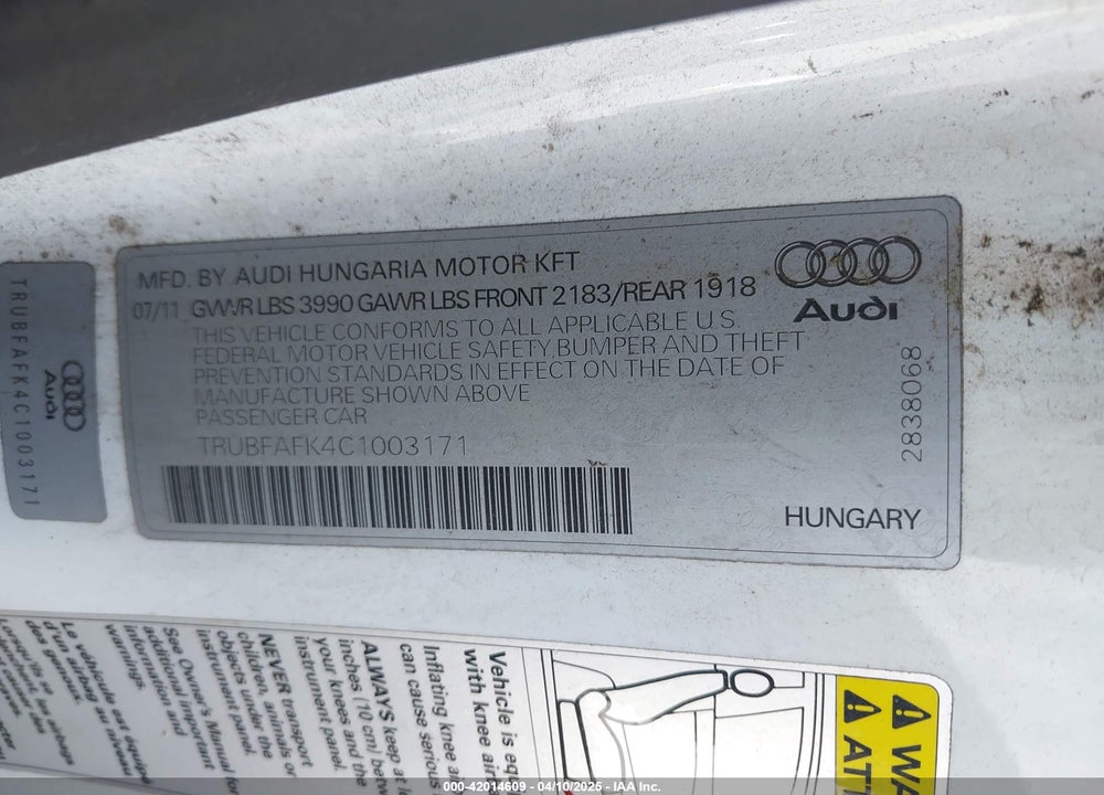 2012 AUDI TT VIN: TRUBFAFK4C1003171