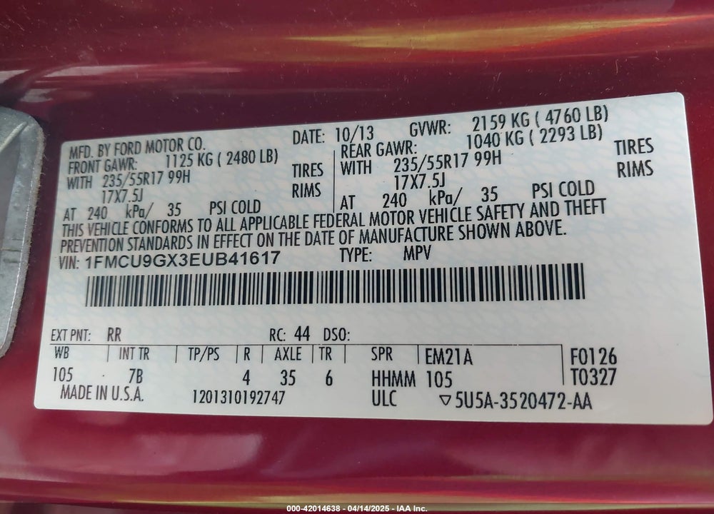 2014 FORD ESCAPE SE VIN: 1FMCU9GX3EUB41617