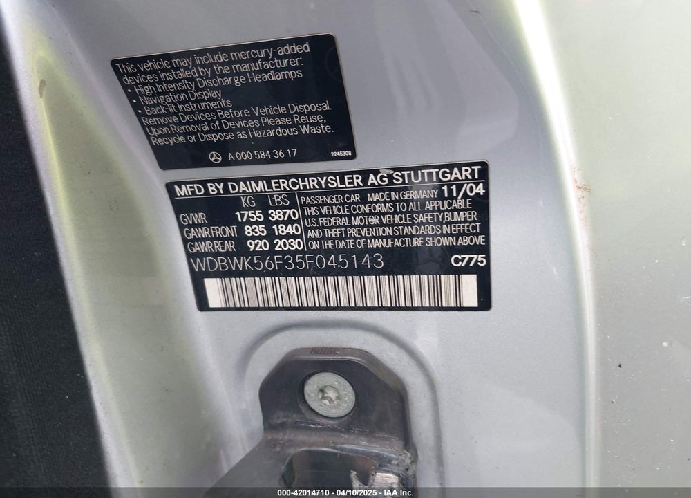 2005 MERCEDES-BENZ SLK 350 VIN: WDBWK56F35F045143