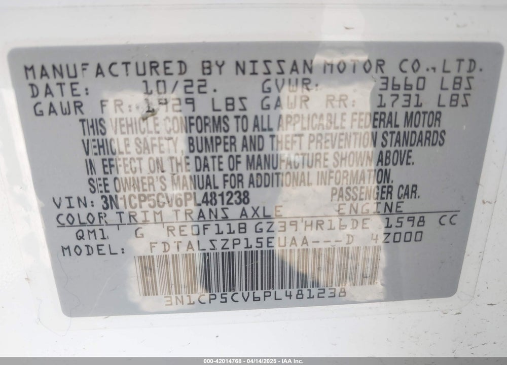 2023 NISSAN KICKS SV XTRONIC CVT VIN: 3N1CP5CV6PL481238