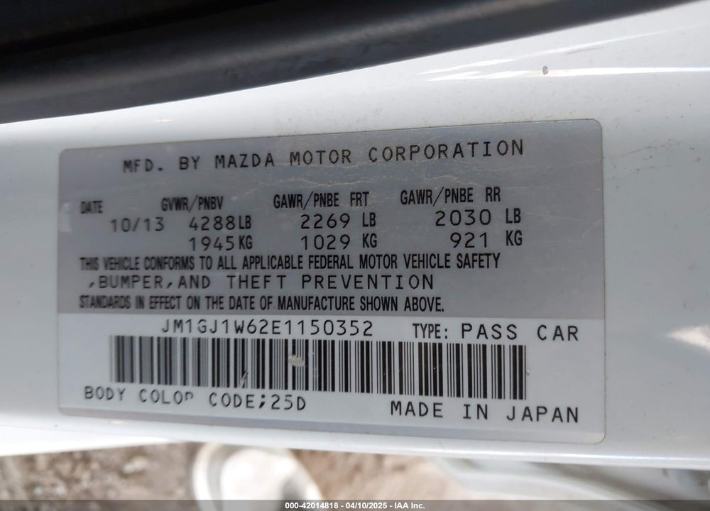 2014 MAZDA 6 VIN: JM1GJ1W62E1150352
