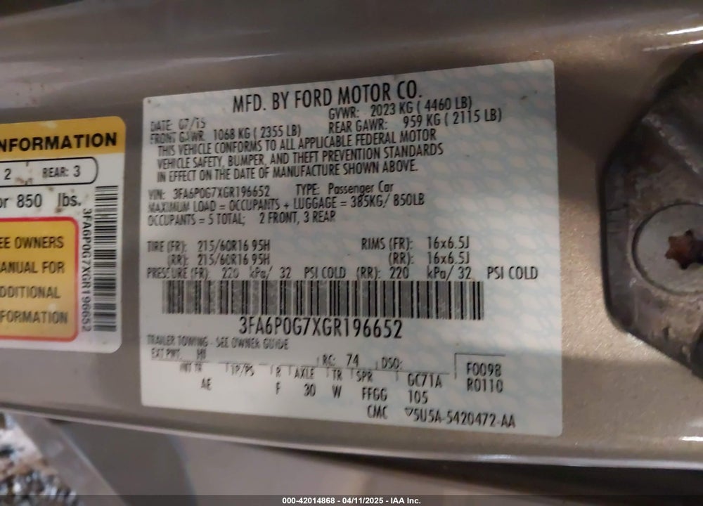2016 FORD FUSION S VIN: 3FA6P0G7XGR196652