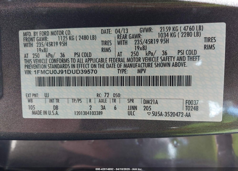 2013 FORD ESCAPE TITANIUM VIN: 1FMCU0J91DUD39570